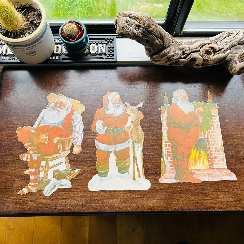 3 Santa Paper Cut Outs Christmas Wall Decor Vintage 11.5